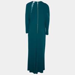 Pre Owned Elie Saab Green Jersey Lace Detail Draped Maxi Dress L
