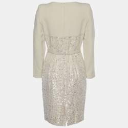 Elie Saab Beige Sequin Embellished Silk & Wool Belted Mini Dress S