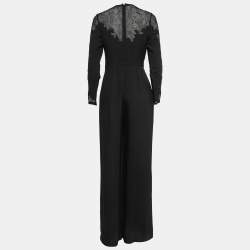 Elie Saab Black Crepe & Lace Inset Pleated Jumpsuit S