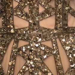 Pre Owned Elie Saab Beige Sequin Embellished Tulle Halter Neck Gown S