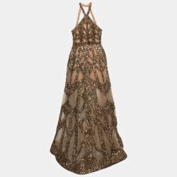Pre Owned Elie Saab Beige Sequin Embellished Tulle Halter Neck Gown S