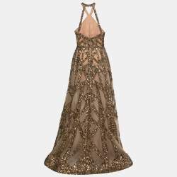 Pre Owned Elie Saab Beige Sequin Embellished Tulle Halter Neck Gown S