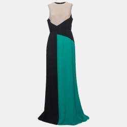 Elie Saab Tricolor Crepe Sleeveless Draped Long Dress M