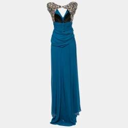 Elie Saab Blue Embellished Detail Draped Gown M