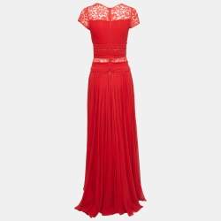 Elie Saab Red Silk Blend Lace Trimmed Long Dress S