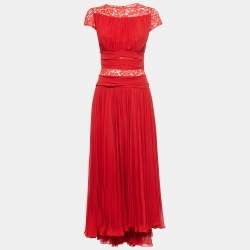 Elie Saab Red Silk Blend Lace Trimmed Long Dress S