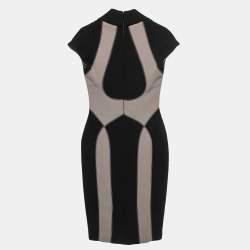 Pre Owned Elie Saab Black/Beige Silk & Wool Cowl Neck Midi Dress XS