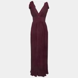 Pre Owned Elie Saab Burgundy Pleated Crepe Sleeveless Maxi Dress S
