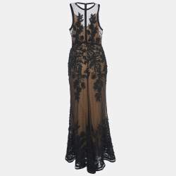 Elie Saab Black Embroidered Tulle Sleeveless Gown S