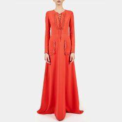Pre Owned Elie Saab Sunset Orange Cady Criss Cross Tie Long Sleeve Gown L