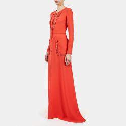 Pre Owned Elie Saab Sunset Orange Cady Criss Cross Tie Long Sleeve Gown L