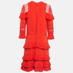 Pre Owned Elie Saab Orange Stretch Knit Frilled Short Dress M