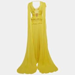 Pre Owned Elie Saab Yellow Silk Blend Lace Insert Ruffled Maxi Dress M