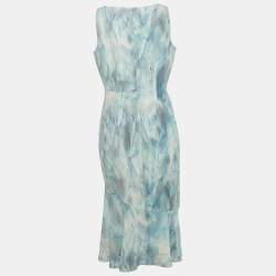 Pre Owned  Elie Tahari Blue Printed Crepe Sleeveless Yirma Midi Dress L