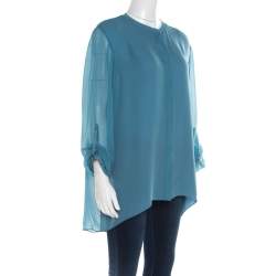 Pre Owned Elie Tahari Teal Blue Silk Shirttail Hem Alejandra Blouse XL