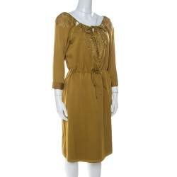 Pre Owned Elie Tahari Gold Silk Cut Out Detail Embroidered Rita Dress M