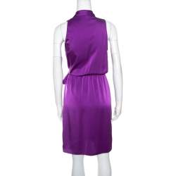 Pre Owned Elie Tahari Purple Satin Front Tie Gathered Waist Sleeveless Halley Dress M