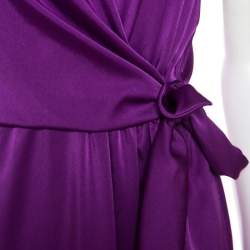 Pre Owned Elie Tahari Purple Satin Front Tie Gathered Waist Sleeveless Halley Dress M