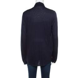 Pre Owned Elie Tahari Navy Blue Jersey and Silk Layered Open Front Cardigan M