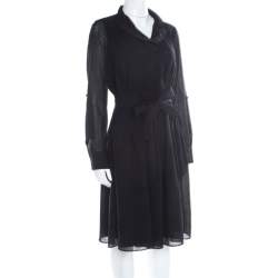 Pre Owned Elie Tahari Black Wool Pleated Belted Dress M