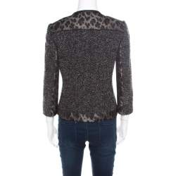 Pre Owned Elie Tahari Grey Tweed and Animal Print Paneled Leather Trim Boucle Jacket S