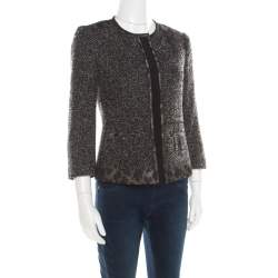 Pre Owned Elie Tahari Grey Tweed and Animal Print Paneled Leather Trim Boucle Jacket S