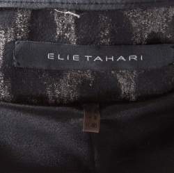 Pre Owned Elie Tahari Grey Tweed and Animal Print Paneled Leather Trim Boucle Jacket S