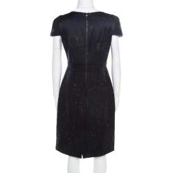 Pre Owned Elie Tahari Navy Blue Printed Satin and Tweed Cap Sleeve Lolly Sheath Dress S