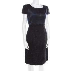 Pre Owned Elie Tahari Navy Blue Printed Satin and Tweed Cap Sleeve Lolly Sheath Dress S