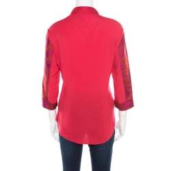 Pre Owned Elie Tahari Red and Purple Floral Jacquard Jersey Shirt M