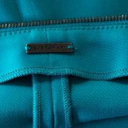 Elie Tahari Jade Green Knit Bateau Zipper Neck Detail Frayed Hem Shift Dress M