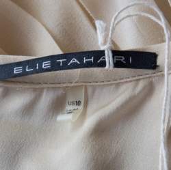 Elie Tahari Light Beige Pleated Silk and Gold Leather Trim Detail Midi Skirt L 