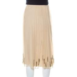 Elie Tahari Light Beige Pleated Silk and Gold Leather Trim Detail Midi Skirt L 