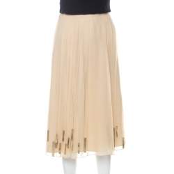 Elie Tahari Light Beige Pleated Silk and Gold Leather Trim Detail Midi Skirt L 