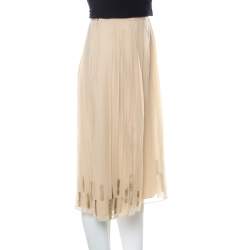 Elie Tahari Light Beige Pleated Silk and Gold Leather Trim Detail Midi Skirt L 