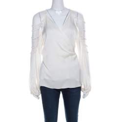 Elie Tahari Cream Silk Rope Sleeve Detail Carmela Wrap Blouse L