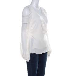 Elie Tahari Cream Silk Rope Sleeve Detail Carmela Wrap Blouse L