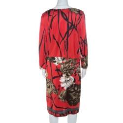 Pre Owned Elie Tahari Red Printed Jersey Layered Dress L