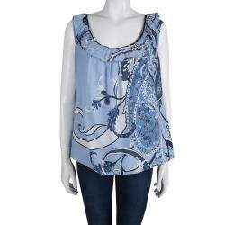 Elie Tahari Powder Blue Printed Cotton Ruffle Detail Sleeveless Top XL