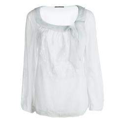 Elie Tahari White Cottton Tie Detail Embroidered Long Sleeve Top M