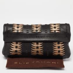 Pre Owned Elie Tahari Black/Metal Leather Foldover Clutch