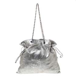 Pre Owned Elie Tahari Metallic Silver Leather Drawstring Tote