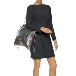 Pre Owned Elie Tahari Metallic Silver Leather Drawstring Tote
