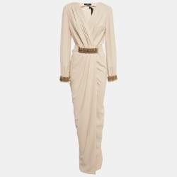 Elisabetta Franchi Cream Chained Crepe Belted Wrap-Up Gown S