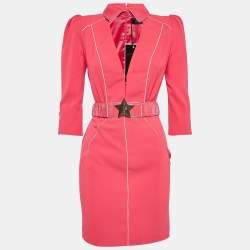 Pre Owned Elisabetta Franchi Pink Crepe Star Detail Belted Mini Dress S