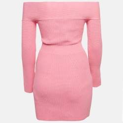Pre Owned Elisabetta Franchi Pink Rib Knit Off-Shoulder Short Dress S