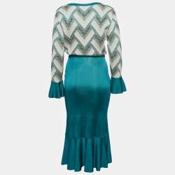 Pre Owned Elisabetta Franchi Blue Patterned Knit Flared Sleeve Maxi Dress L