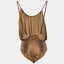 Pre Owned Elisabetta Franchi Bronze Metallic Jersey Bodysuit Top M
