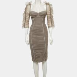 Pre Owned Elisabetta Franchi Grey Tulle Ruched Bodycon Dress S