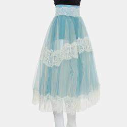 Pre Owned Elisabetta Franchi Blue Tulle & Lace Trim High Waist Sheer Midi Skirt M